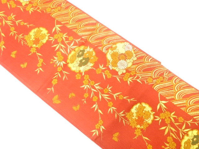 JAPANESE KIMONO / ANTIQUE OBI FOR KIDS / WOVEN WEEPING SAKURA & SNOWFLAKE & CAMELLIA & KIKU